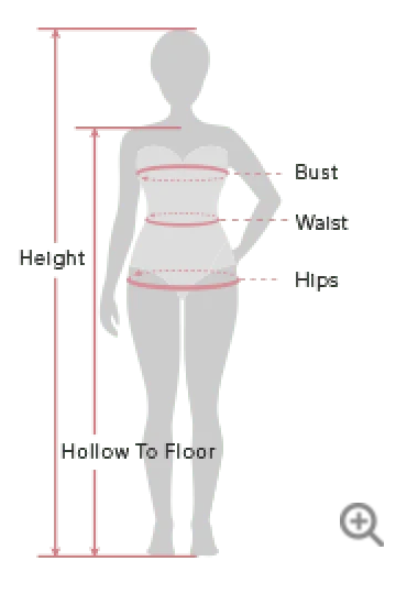 Body measurement guide for bust, waist, hips, height and hollow to floor